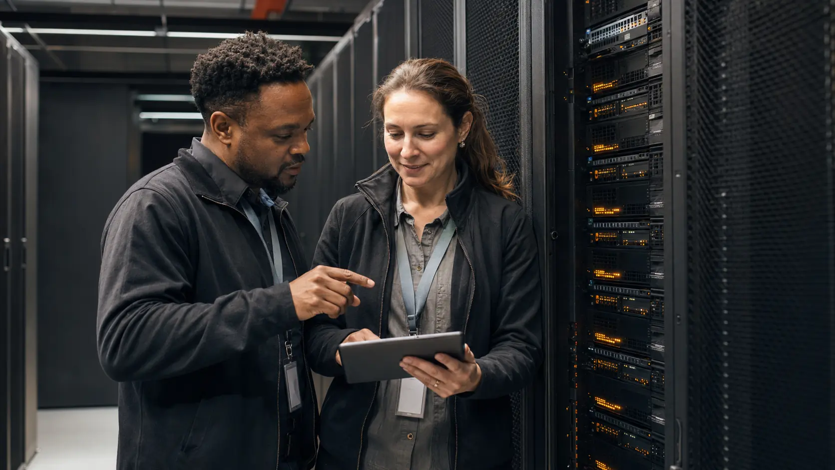 Black and White South African data-centre engineers inspecting secure hosting infrastructure